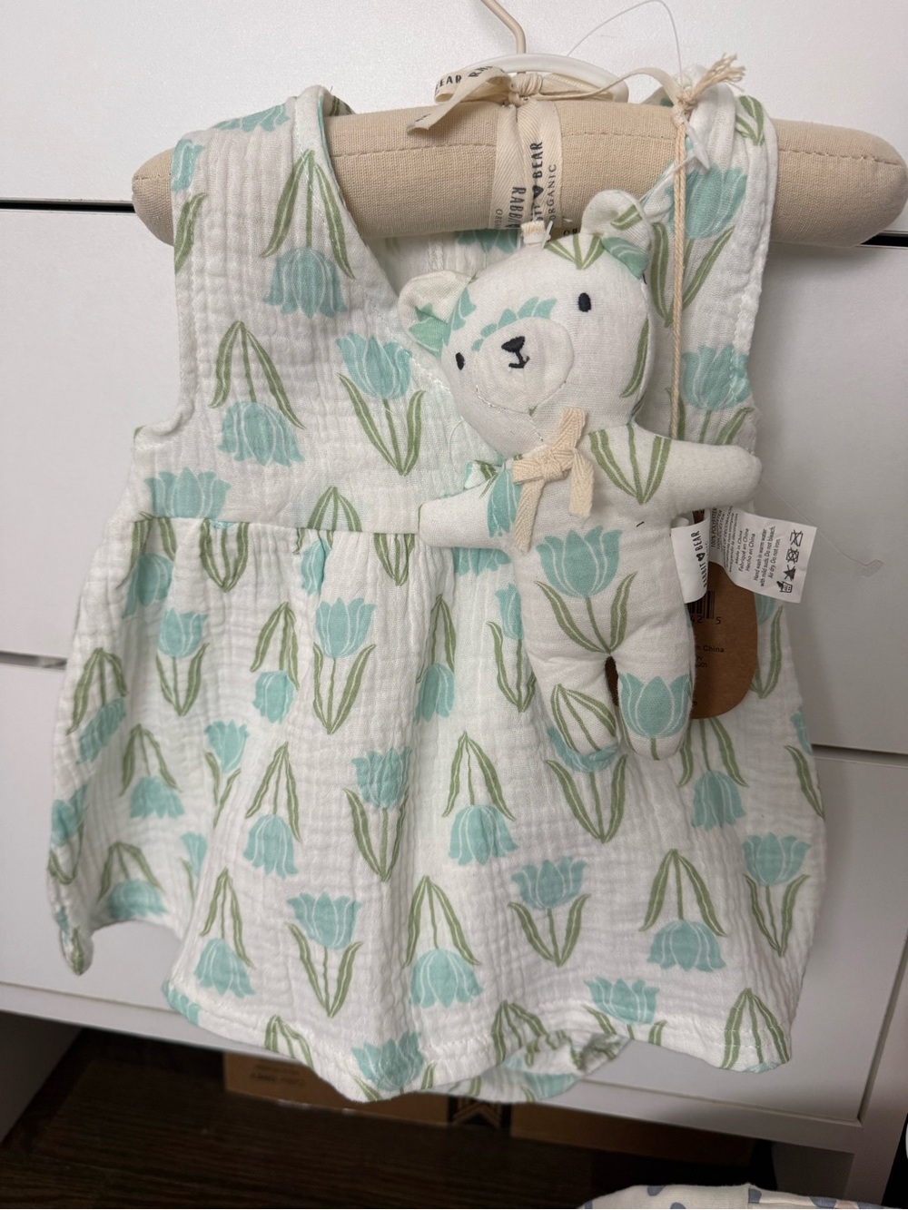 White Muslin Toddler Dress with Mint Floral Print and Plush Bear